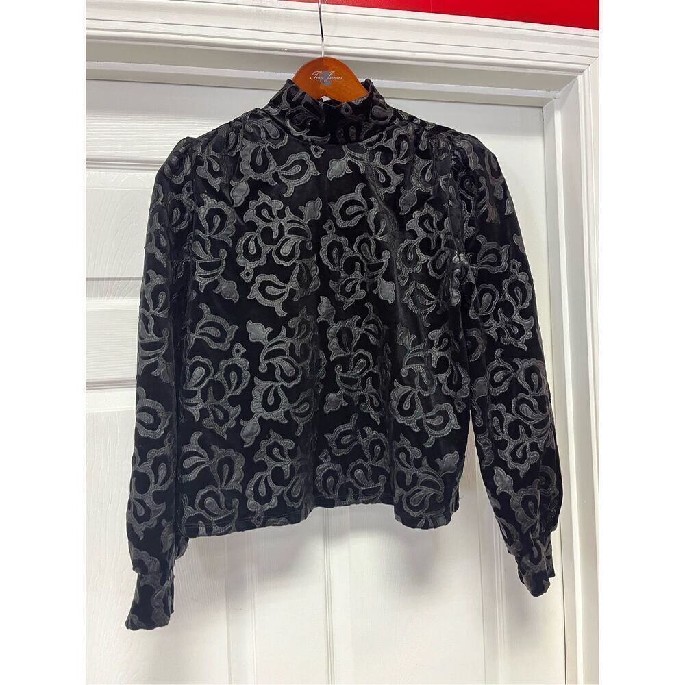 Calligraphie Black Faux Leather Scrolled Crushed Velvet High Neck Gothic Blouse